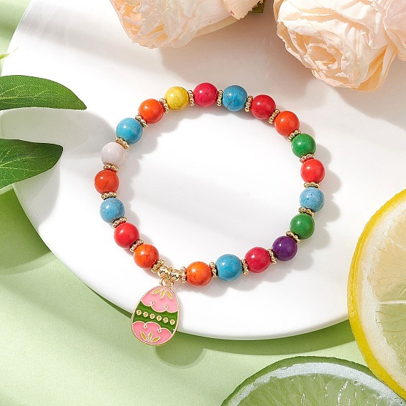 Пасхальный день синтетические бирюзовые бусины эластичные браслеты, Браслеты с подвесками в виде пасхальных яиц из сплава и эмали для женщин, с корейскими эластичная нить кристаллов