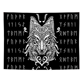 Polyester Viking Wolf Wall Hanging Tapestry, Rectangle Meditation Runes Tapestry for Bedroom Living Room Decoration