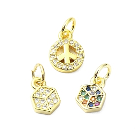 Brass Micro Pave Cubic Zirconia Pendants, with Jump Ring, Real 18K Gold Plated, Hexagon & Peace Sign Charm