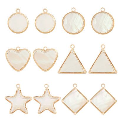 12шт 6 стили подвески из натуральных ракушек, геометрические прелести, с золотистым сплавом и латунной фурнитурой, плоский круглый и звезда и ромб, разнообразные