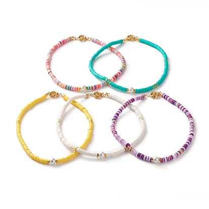 Collares de cuentas de heishi de arcilla polimérica, con cuentas de perlas de vidrio redondo, cuentas espaciadoras de latón y cierres de anillo de resorte