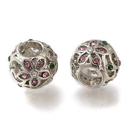 Rack Plating Alloy Rhinestone European Beads, Large Hole Beads, Rondelle with Flower