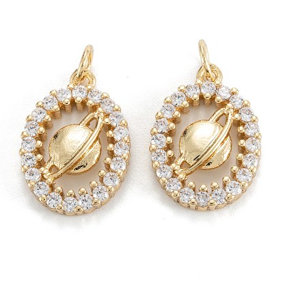 Brass Micro Pave Clear Cubic Zirconia Pendants, Cadmium Free & Lead Free, Long-Lasting Plated, Oval with Planet