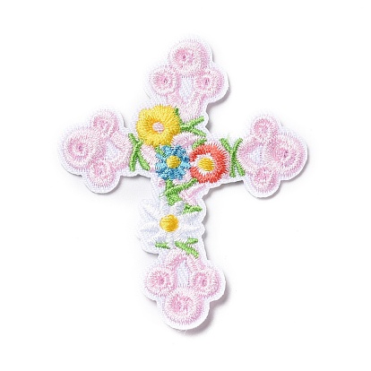 Computerized Embroidery Cloth Iron on/Sew on Patches, Costume Accessories, Cross with Flower