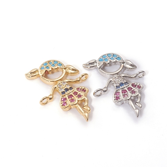 Brass Micro Pave Cubic Zirconia Links Connectors, Girl, Colorful