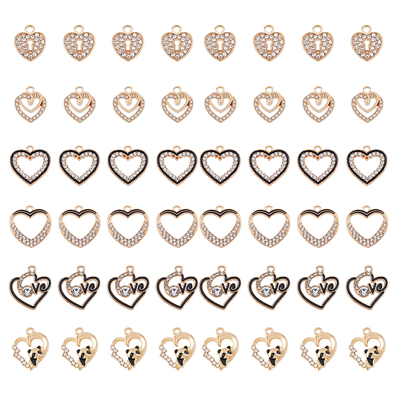 48 шт 6 стили подвески из сплава эмали, с кристально горный хрусталь, полые прелести сердца