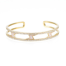 Clear Cubic Zirconia Lighting Bolt Open Cuff Bangle with Enamel, Real 18K Gold Plated Brass Jewelry for Women