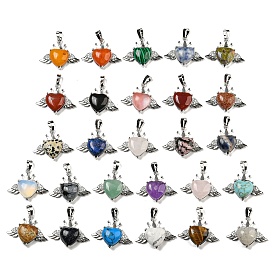 Gemstone with Clear Cubic Zirconia Pendants, Heart & Wing Charms with Rack Plating Brass Findings, Platinum, Cadmium Free & Lead Free