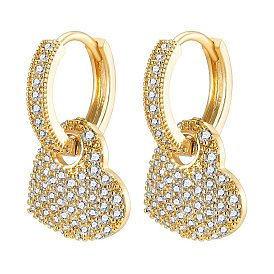 Brass Micro Pave Clear Cubic Zirconia Hoop Earring, Heart