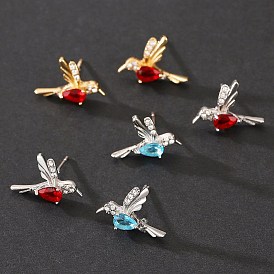 Brass Micro Pave Cubic Zirconia Stud Earrings, Cute Hummingbird