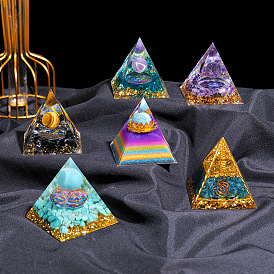 Resin Orgonite Pyramid Display Decorations, with Natural & Synthetic Gemstone, for Home Office Desk