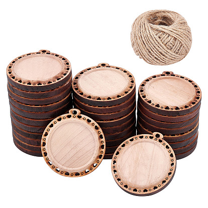 Flat Round with Heart Wooden Pendant Cabochon Settings, Pendant Base, with 1 Roll Jute Cord