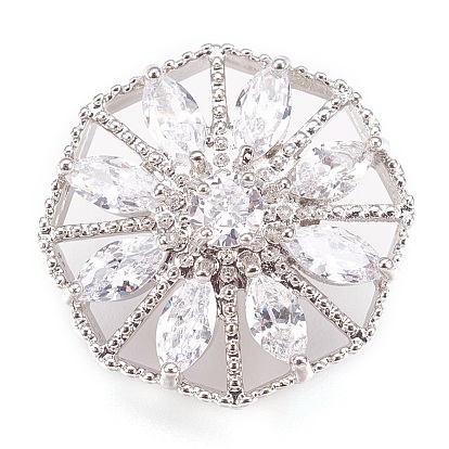 Rack Plating Brass Micro Pave Cubic Zirconia Shank Buttons, Cadmium Free & Lead Free, Octagon with Flower