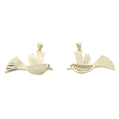 Brass Micro Pave Clear Cubic Zirconia Pendants, with Brass Snap on Bails, Nickel Free, Bird