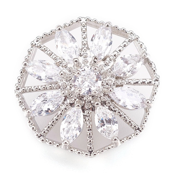 Rack Plating Brass Micro Pave Cubic Zirconia Shank Buttons, Cadmium Free & Lead Free, Octagon with Flower