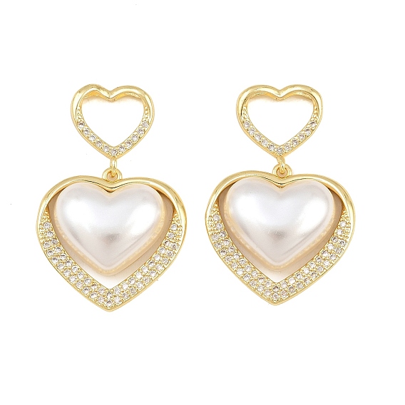 Brass Micro Pave Clear Cubic Zirconia Pendants, Heart Charms, with ABS Imitation Pearl