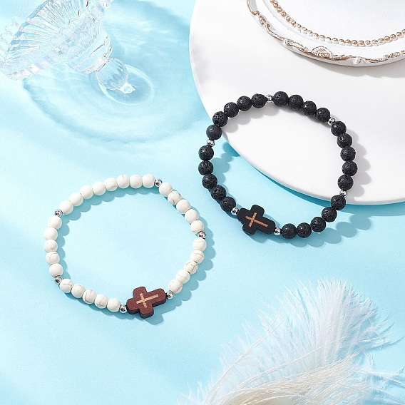 2Pcs Cross Natural Lava Rock & Synthetic Turquoise & Wood Round Beads Stretch Bracelets for Men Women