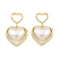 Brass Micro Pave Clear Cubic Zirconia Pendants, Heart Charms, with ABS Imitation Pearl
