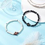 2Pcs Cross Natural Lava Rock & Synthetic Turquoise & Wood Round Beads Stretch Bracelets for Men Women