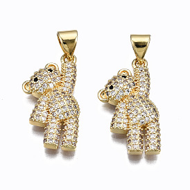 Brass Micro Pave Clear Cubic Zirconia Pendants, Inlay Bear Shape Charms, Cadmium Free & Nickel Free & Lead Free