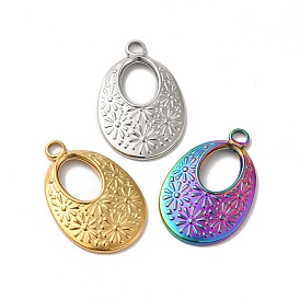 Ion Plating(IP) 304 Stainless Steel Pendant, Oval with Flower Charm