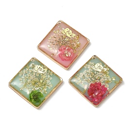 Plating Brass & Transparent Epoxy Resin & Dried Flower Pendants, Rhombus with Flower & Butterfly Pattern Charm, with Glitter Powder