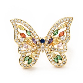 Colorful Cubic Zirconia Butterfly Open Cuff Ring, Brass Wide Chunky Ring for Women, Cadmium Free & Lead Free