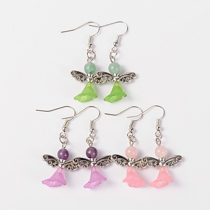 Tibetan Style Alloy Dangle Earrings, with Gemstone Beads, Transparent Acrylic Beads and Brass Earring Hooks, Lovely Wedding Dress Angel Dangle, 48mm, Pin: 0.8mm