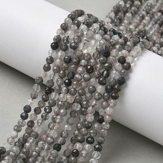 Натуральные турмализированные кварцевые бусинки, граненые, круглые