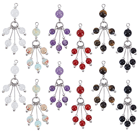 12 шт. 6 стили смешанные камни круглые кисточки большие подвески, с 304 фурнитурой из нержавеющей стали, синтетическая аква-терра яшма и натуральный черный оникс (окрашенный и нагретый) и сердолик и белый нефрит и аметист и тигровый глаз