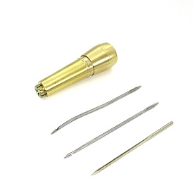 Awl Pricker Sewing Tool Kit, with Brass Handle & 3Pcs Needles, for Punch Sewing Stitching Leather Craft