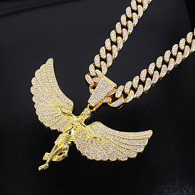 Цепочка-колье из кубинского звена из цинкового сплава с подвеской в виде богини с крыльями ангела, полностью украшенная стразами, для женщин