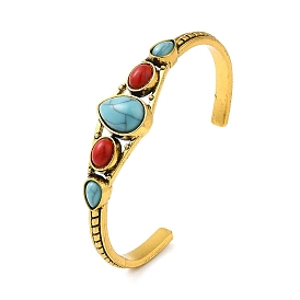 Tibetan Style Alloy Cuff Bangles, Bohemian Style Bangle for Women, with Synthetic Turquoise, Teardrop