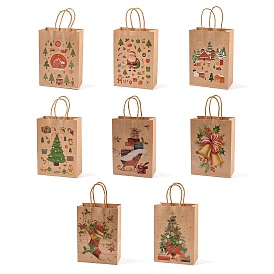 Sacs en papier kraft imprimés sur le thème de Noël avec poignées, sacs cadeaux rectangulaires, sacs à provisions