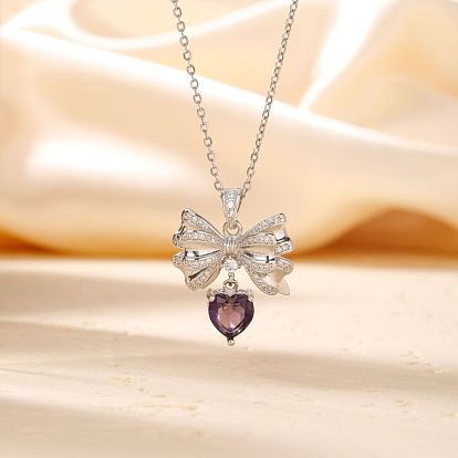 Блестящие ожерелья с подвеской в виде сердца из латуни цвета темного индиго со стразами и бантом для женщин