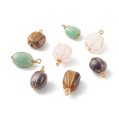 Pendentifs pierres précieuses naturelles mixtes, avec du vrai fil de cuivre écologique plaqué or 18k, nuggets