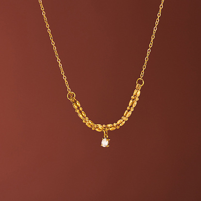 304 Ожерелье из нержавеющей стали с овальным кулоном из прозрачного кубического циркония, комбинированная цепочка для женщин