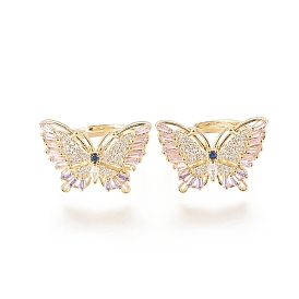 Adjustable Brass Micro Pave Cubic Zirconia Rings, Long-Lasting Plated, Butterfly