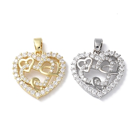 Rack Plating Brass Micro Pave Cubic Zirconia Pendants, Long-Lasting Plated, Lead Free & Cadmium Free, Heart
