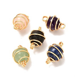 Natural Mixed Stone Links Connectors, with Real 18K Gold Plated Eco-Friendly Copper Wire, Round