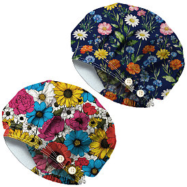 2pcs 2 styles chapeaux bouffants imprimés réglables en coton casquettes de travail pour femmes hommes, avec le bouton