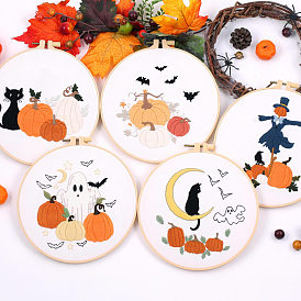 Kits de bordado diy de gato/fantasma/calabaza de halloween, incluyendo tela de lona estampada, hilo y agujas para bordar, aro de bordado