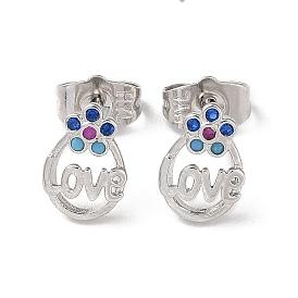 Boucles d'oreilles en laiton de goujon de rhinestone, mot d'amour