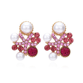 Exaggerated Pearl and Rhinestone Flower Earrings with High-end Design for Women's Retro Style Jewelry