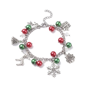 Caja de regalo de navidad y árbol y copo de nieve y pulsera de aleación de renos con perla de vidrio, pulsera de navidad con 304 cadena de eslabones de acero inoxidable para mujer