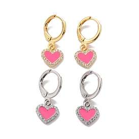 Clear Cubic Zirconia Heart Dangle Leverback Earrings with Pink Enamel, Rack Plating Brass Jewelry for Women, Cadmium Free & Lead Free