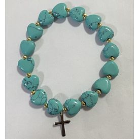 Natural & Synthetic Gemstone Bead Stretch Bracelets, with 304 Stainless Steel Cross Pendants