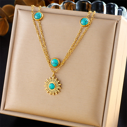 Synthetic Turquoise 304 Stainless Steel Sun Pendant Double Layer Necklaces for Women