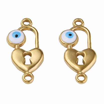 304 Stainless Steel Enamel Connector Charms, Heart-Shaped Lock with Evil Eye