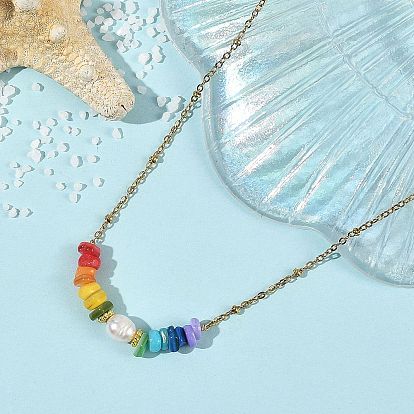 Chakra Natural Freshwater Shell Heishi Beaded 304 Stainless Steel Satellite Chain Necklaces with Natural Pearl for Women, Colorful